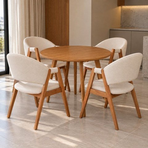 Conjunto Mesa Compacta Freijó 90cm & 4 Cadeiras Zara em Linho Marfim Confortáveis & Delicadas