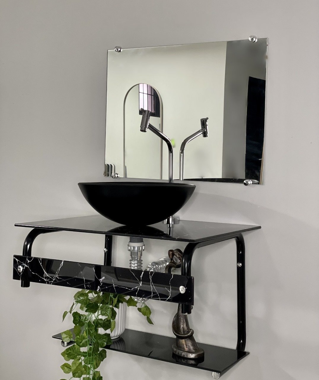 Gabinete de Vidro Lavabo Banheiro Marmorizado Preto 60cm