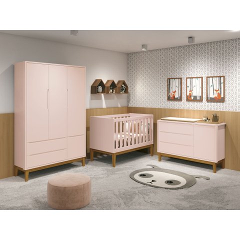 Jogo de Quarto para Bebê Completo 3 Portas Classic New Rosa Fosco com Madeira - Reller