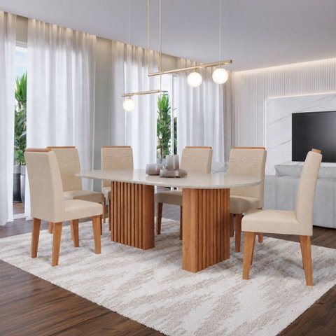 Sala de Jantar 6 Lugares Tampo de Vidro 210 cm Mariah Cinamomo/Nude - Panorama Móveis