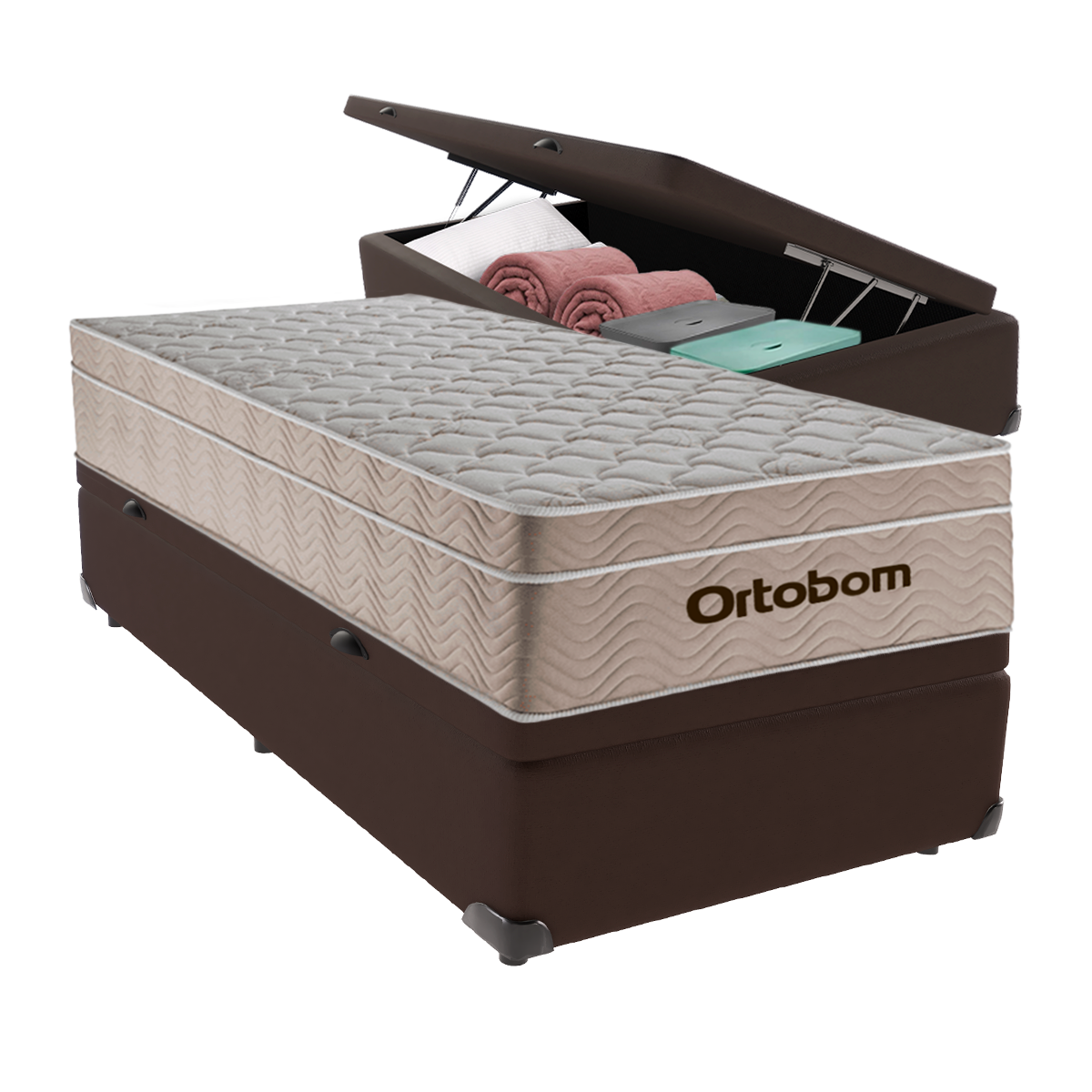 Cama Box Baú Solteiro Marrom e Colchão Airtech Springpocket Molas Ensacadas Ortobom