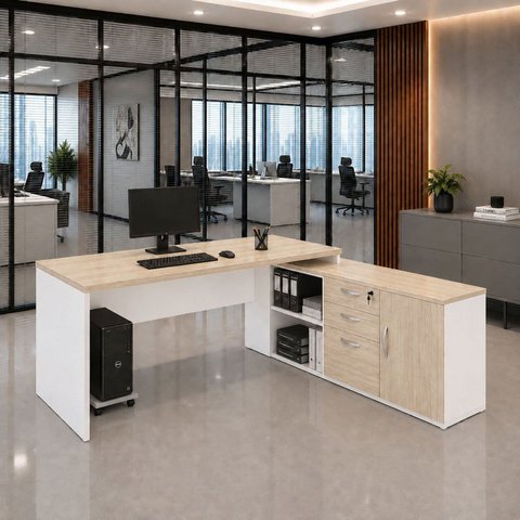 Mesa de Escritório Pedestal Presidente em L 170x160cm Executiva Tampo 30mm Armário Lateral 3 Gavetas