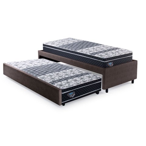 Bicama Box Solteiro Courino Linho Marrom 88x188 com Dois Colchões Gransleep Molas Verticoil Ecoflex
