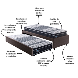 Bicama Box Solteiro Courino Linho Marrom 88x188 com Dois Colchões Gransleep Molas Verticoil Ecoflex - 5