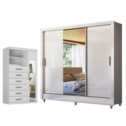 Guarda Roupa Casal Itália 3 Portas Correr 2 Gavetas com Espelho e Cômoda Marabá Branco Brilho