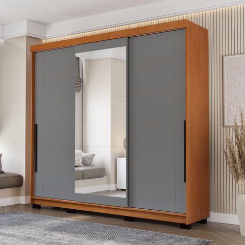Roupeiro Lisboa 3 Portas de Correr com Espelho 217x213cm Freijó/Cinza 240856