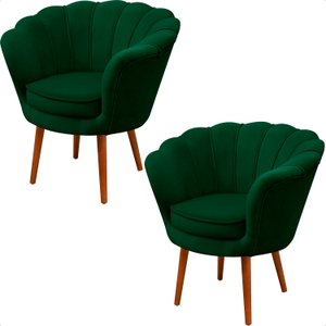 Kit 2 Poltrona Sala Decorativa Pétala Veludo Verde Pés Palito Castanho - Arkell