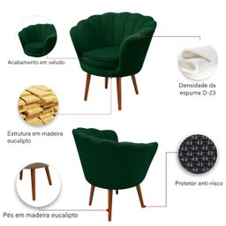 Kit 2 Poltrona Sala Decorativa Pétala Veludo Verde Pés Palito Castanho - Arkell - 6