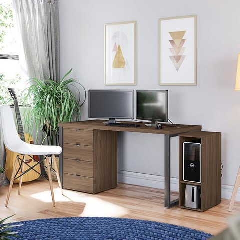 Escrivaninha Mesa Escritório Diretor Frame com Gaveteiro e Suporte para Cpu 4 Gavetas 150cm Industrial Marrom