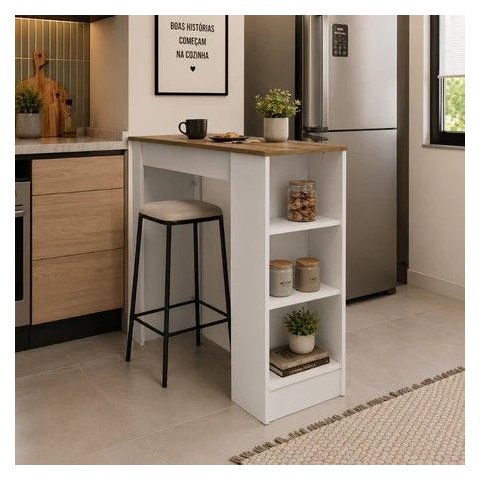 Balcao Bancada Cozinha Ilha Gourmet Americana 90cm 3 Prateleiras Branco/Mel - Mademovel