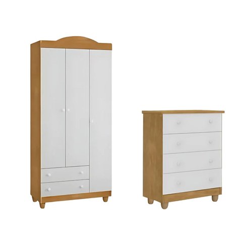 Kit Lara Cômoda e Guarda Roupas Clean Moderno Mdf Resistente:nature Branco