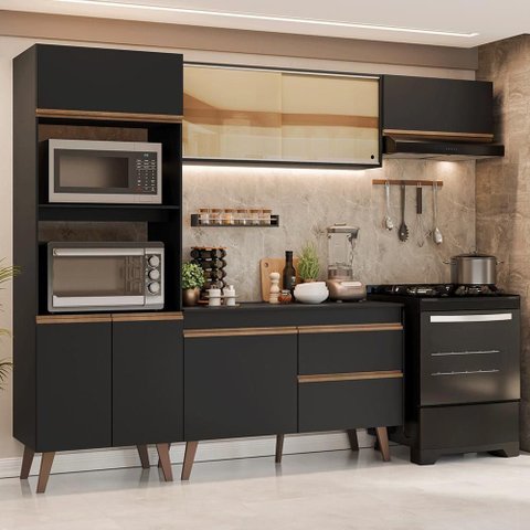 Cozinha Completa Pieta 8 Portas 1 Gaveta MDP 260cm Preta Madesa
