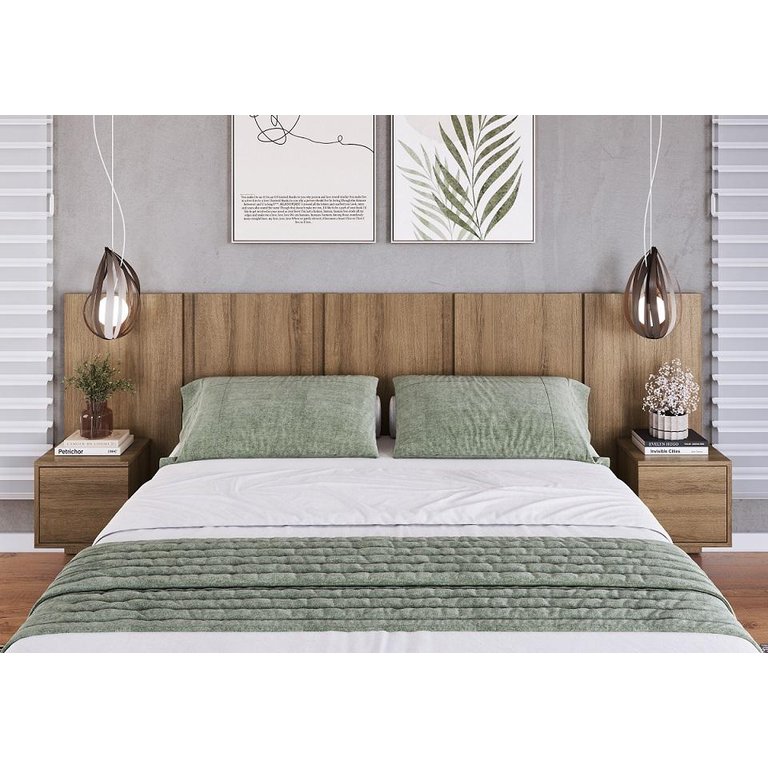 Cabeceira para Cama Casal com 2 Mesas de Cabeceira Suspensas Cor:mel
