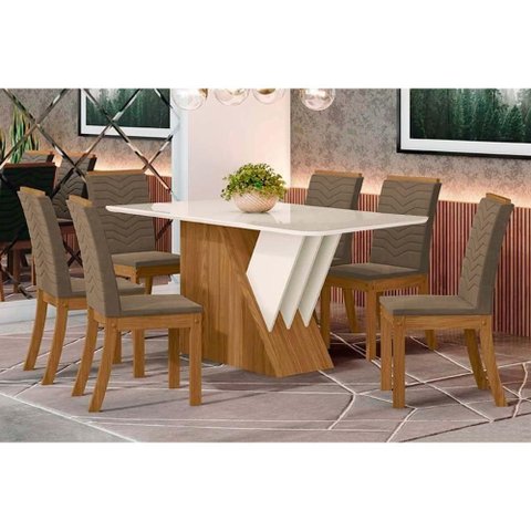 Conjunto: Mesa de Cozinha Épic Sc24 Tampo Madeirado C/ Vidro Canto Curvo 160x90cm e 6 Cadeiras Isa