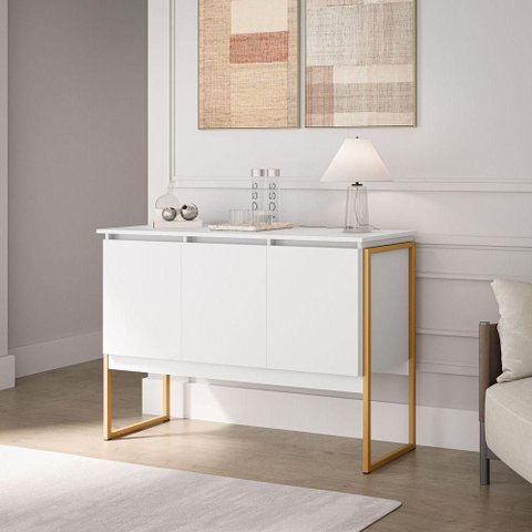Balcão Aquarela Industrial 3 Portas MDP 120cm Branco e Dourado Casah