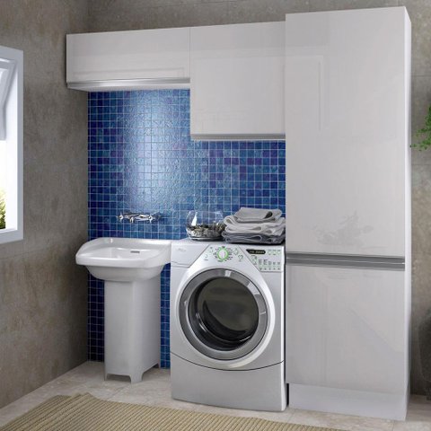 Kit Área de Serviço Madesa Acordes 100% Mdf com 2 Armários e Torre - Portas Branco Brilhante