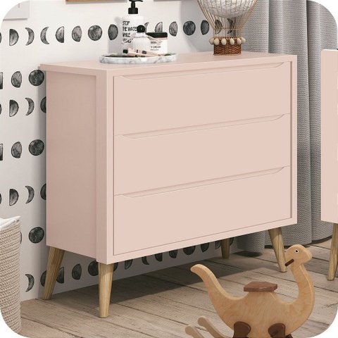 Cômoda Infantil 3 Gavetas Retrô Rosa Theo Madeira Natural