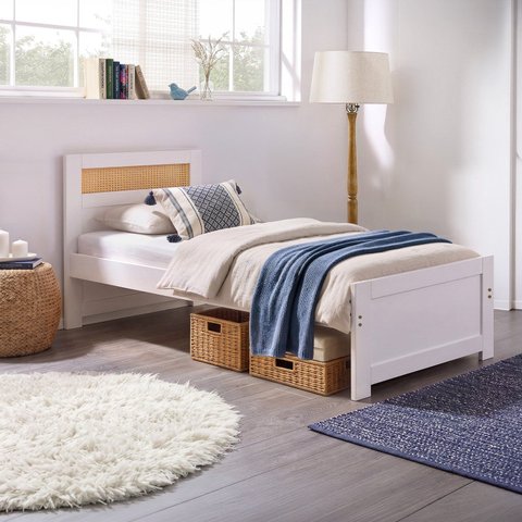 Cama de Solteiro Madeira Maciça com Palha Natural Branco