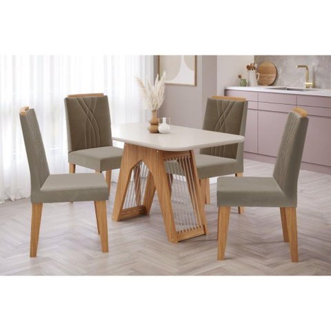 Kit Mesa Carol C- Tampo Vidro 130cm + 4 Cadeiras Nature Off White Madeira