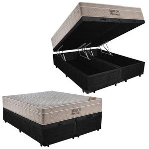 Cama Box Baú Casal Suede Bipartido + Colchão Ortobom Airtech Molas Ensacadas 138x188x65 Cor:preto