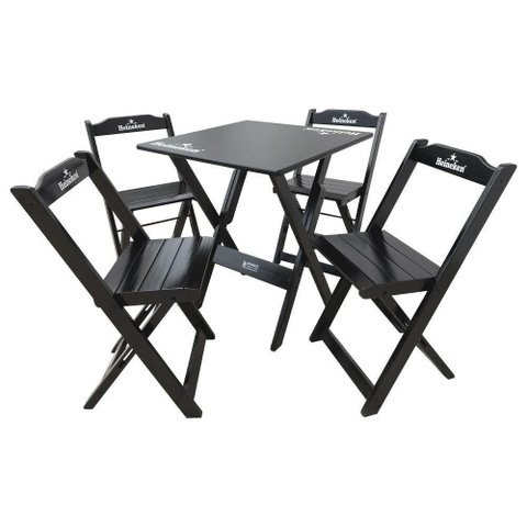 Conjunto Mesa Dobrável 60x60 com 4 Cadeiras de Madeira Personalizada Hei Preta - Tarimatã