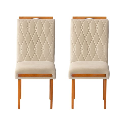 Kit 2 Cadeiras Estofadas de Jantar Azaléia - Mdf em Veludo Pés em Madeira - Vintage Decor - Bege