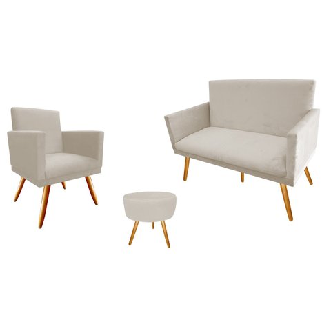 Kit Namoradeira + 1 Poltrona Decorativa Nina + Puff Redondo Suede Bege Pés Madeira Mz Decor