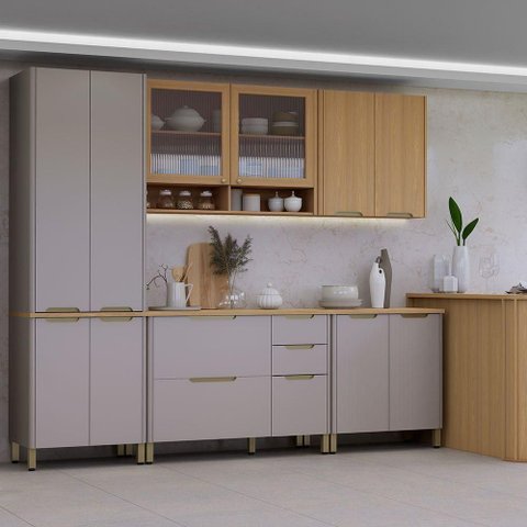 Cozinha Modulada Completa 6 Peças com Tampo e Bancada Lumina Cinammon-freijó