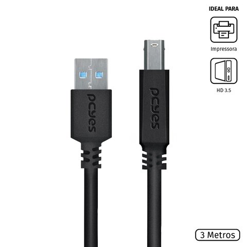CABO PARA IMPRESSORA E HD EXTERNO USB A 3.0 MACHO PARA USB B 3.0 MACHO 28AWG PURO COBRE 3 METROS - P