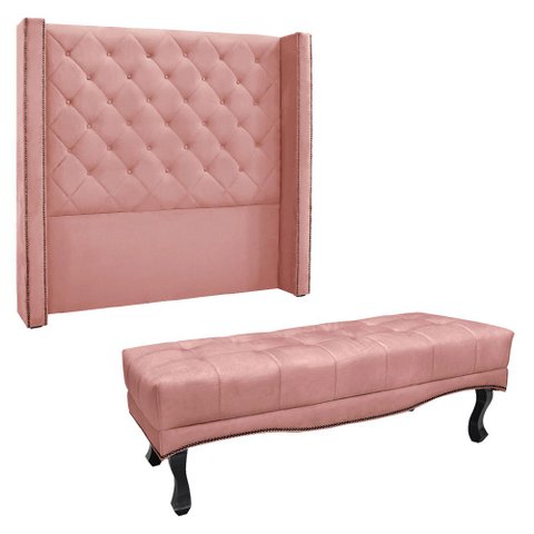 Kit Cabeceira e Calçadeira Recamier King 1,95m Vicenza Veludo Rosa - Pallazio