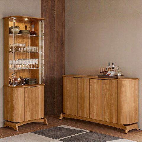 Kit Aparador Buffet com Cristaleira para Sala de Jantar Verbena N01 Ypê - Lyam Decor