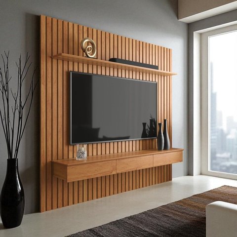 Painel para Tv até 75” Home Ripado Antares 3 Gavetas Prateleira Fixação na Parede:cinamomo