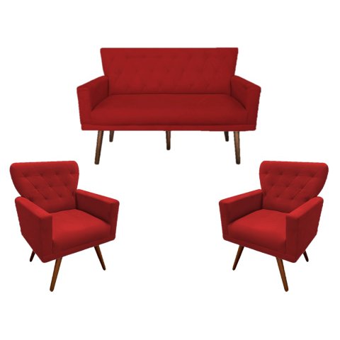 Kit Namoradeira + 2 Poltronas Decorativa Aurora Suede Vermelho Pés Madeira Mz Decor