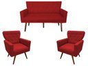 Ver imagem 1 de Kit Namoradeira + 2 Poltronas Decorativa Aurora Suede Vermelho Pés Madeira Mz Decor