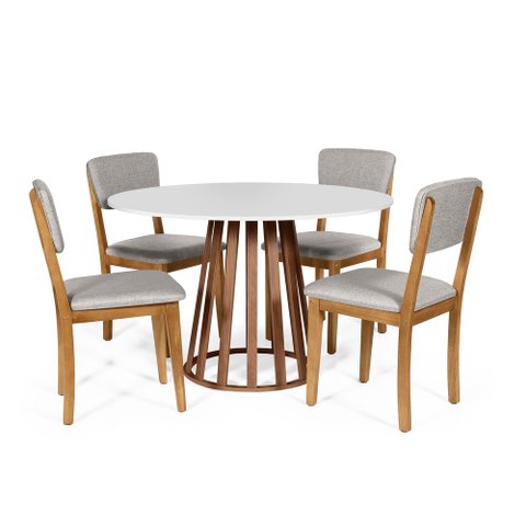 Mesa de Jantar Redonda Gabi Bran/nor com 4 Cadeiras Estofadas Ella Cinza Claro