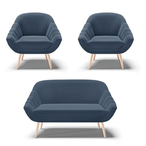 Kit 01 Namoradeira 02 Lugares e 02 Poltronas Giovana Suede Azul Marinho Pés Palito Natural - D’Rossi