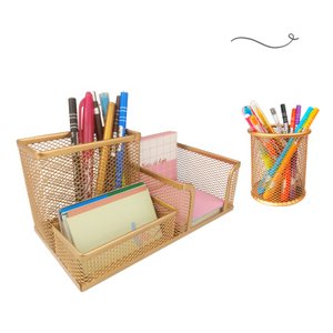 Kit Escritório Organizador de Mesa Escritório e Porta Caneta Rose Gold Dourado - Kit 3 Dourado