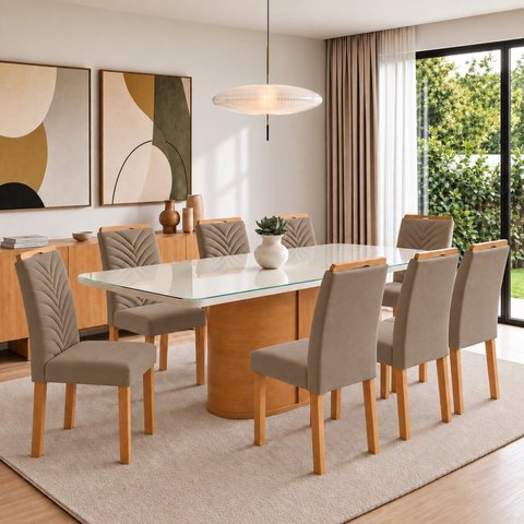 Conjunto Sala de Jantar 8 Lugares Retangular Tampo Vidro/MDF 200x90cm Mesa Diana e Cadeiras Carol