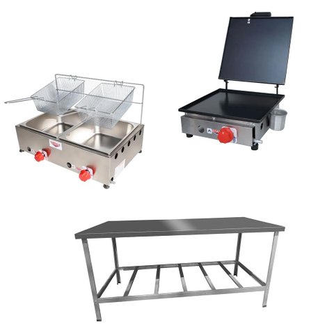 Kit Lanchonete Mesa de Manipulação 190x70cm + Fritadeira a Gás 2 Cuba + Chapa a Gás 30cm