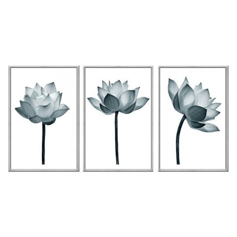 Kit 03 Quadros Decorativos - Flor de Lotus Azul Minimalista Flnt003 - Vidro Impressão Uv - 60x80cm