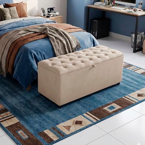 Recamier Baú Berlim Veludo Bege Solteiro 80cm Estofado Pés PVC Preto