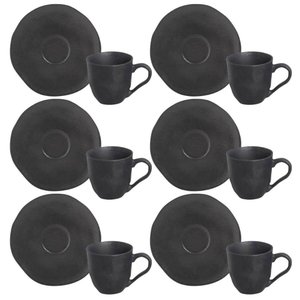Jogo 6 Xícaras Café 120ml com Pires Preto Matte Cerâmica Org