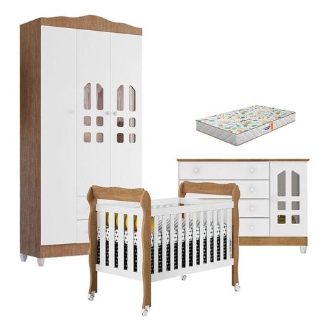 Quarto de Bebê New Selena 3 Portas com Berço Lila e Cômoda Gran Selena Branco Acetinado Amadeirado e