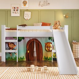 Cama Infantil Elevada com Escorregador Branco com Cortina Estampada Zoo - 2