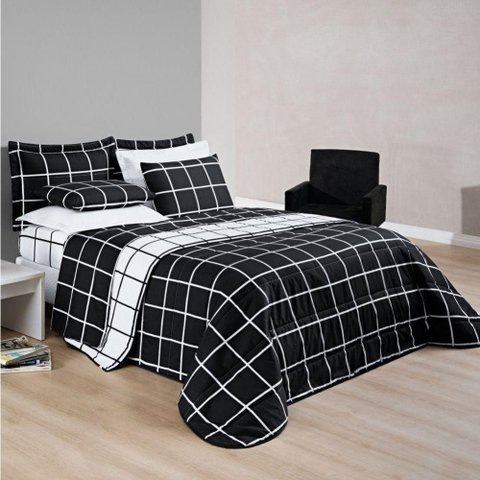Cobre Leito Queen Austin Micropercal 200 Fios Dupla Face - 3 Peças Cor Xadrez Preto