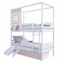 Ver imagem 2 de Beliche Casinha Reta 02 Gavetas Rosa Escorregador e Grade Removível Madeira Maciça Branco/ Rosa