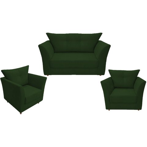 Kit Namoradeira + 2 Poltronas Decorativa Isis Suede Verde Pés Madeira Ms Decor