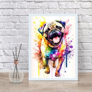 Quadro Decorativo Pug Happy Aquarela 24x18cm:madeira Branca