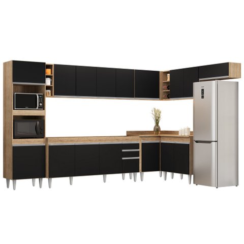 Armário de Cozinha Modulada de Canto 9 Peças CP04 Balcão Castanho/Preto - Lumil Lumil Móveis