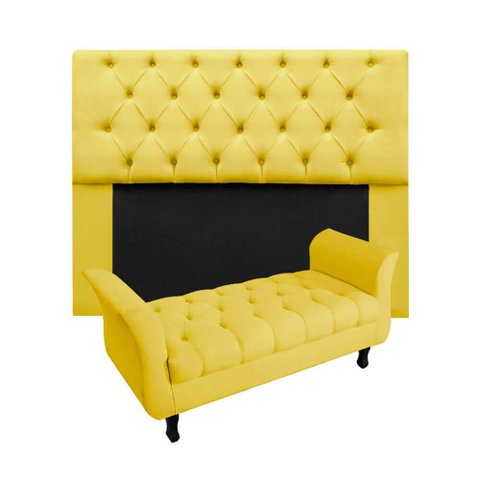 Kit Cabeceira Mirage + Calçadeira Grécia Queen Size 160cm Suede - Renascer Decor:Amarelo